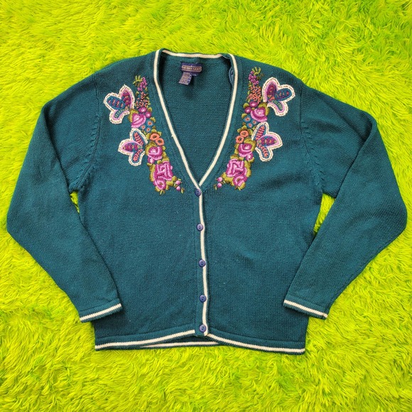 Herman Geist Sweaters - Vintage Herman Geist Floral Embroidered Button Up Cardigan Sweater, L